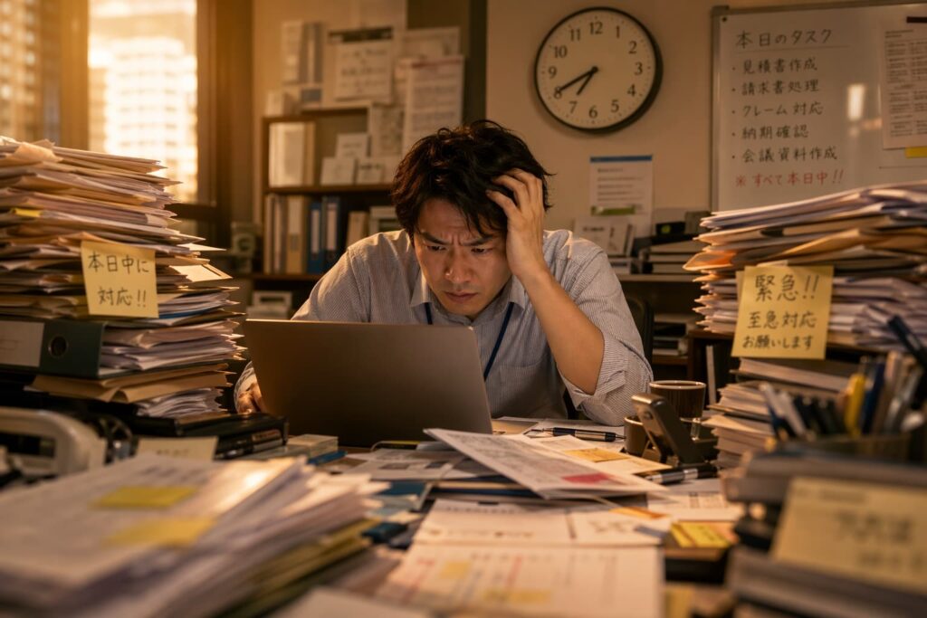 業務に追われながらホームページ制作をする社員のイメージ（工数・隠れコスト）