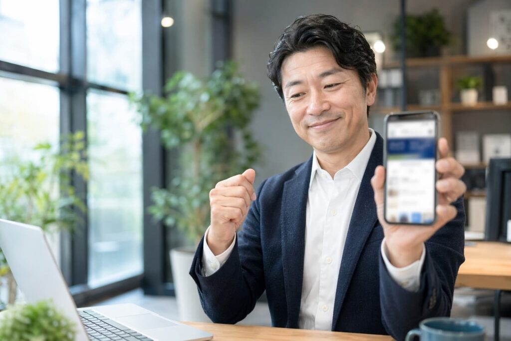 スマートフォンでホームページを確認する中小企業経営者