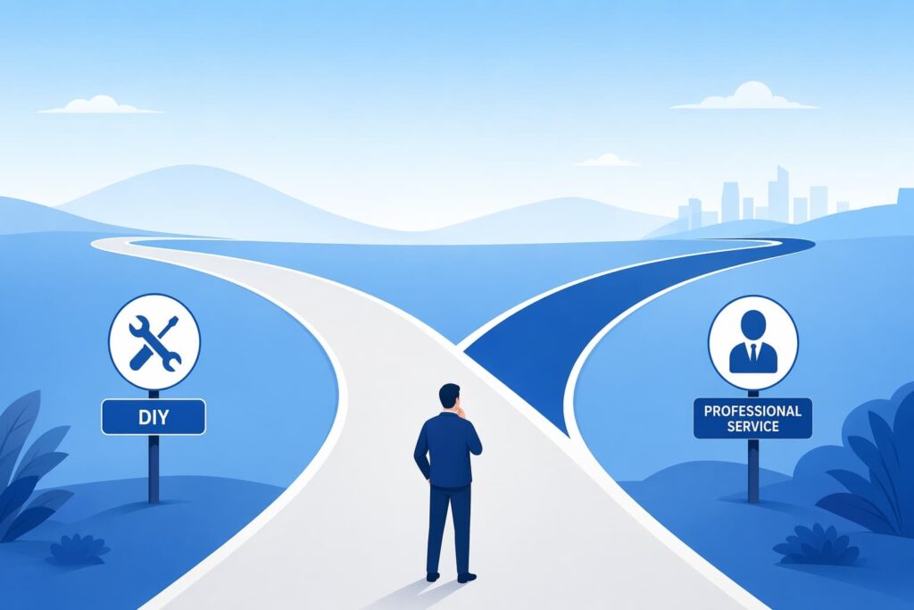 AI自作とプロ依頼、2つの選択肢を示す分岐路のイメージ