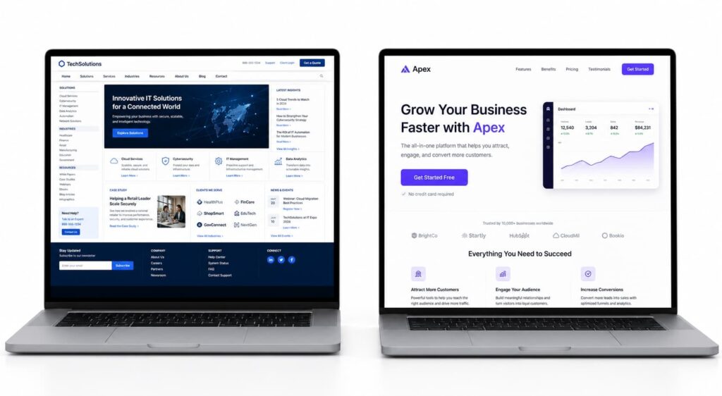ホームページとランディングページを2画面で並べた比較イメージ