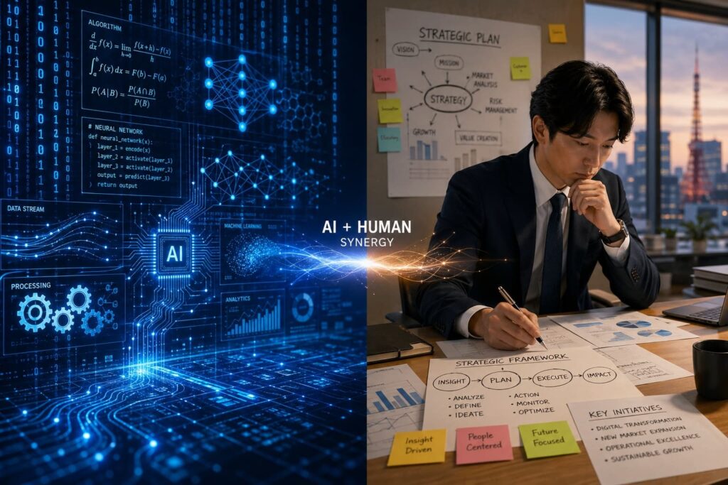 AIが担うデータ処理と人が担う戦略設計の役割分担を、左右に分けて視覚化したマトリクス