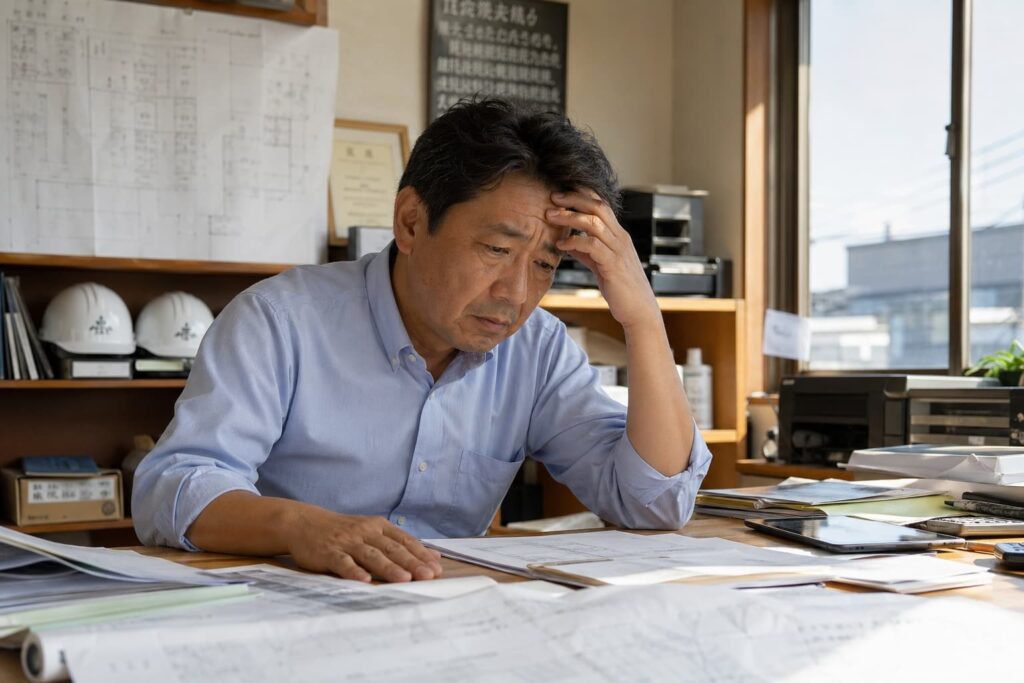集客に悩む外壁塗装会社の経営者がパソコンで情報を調べている様子