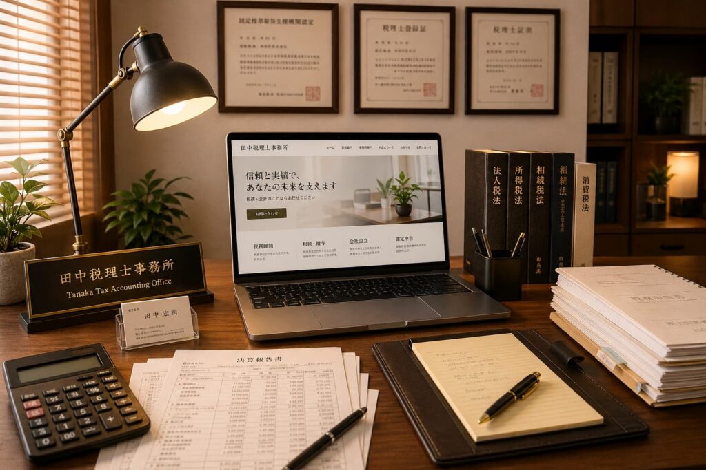 税理士事務所のデスクとパソコンが置かれたプロフェッショナルなオフィス