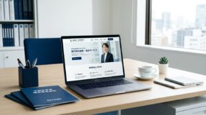 ッチ 税理士事務所のデスクにランディングページが表示されたノートパソコン