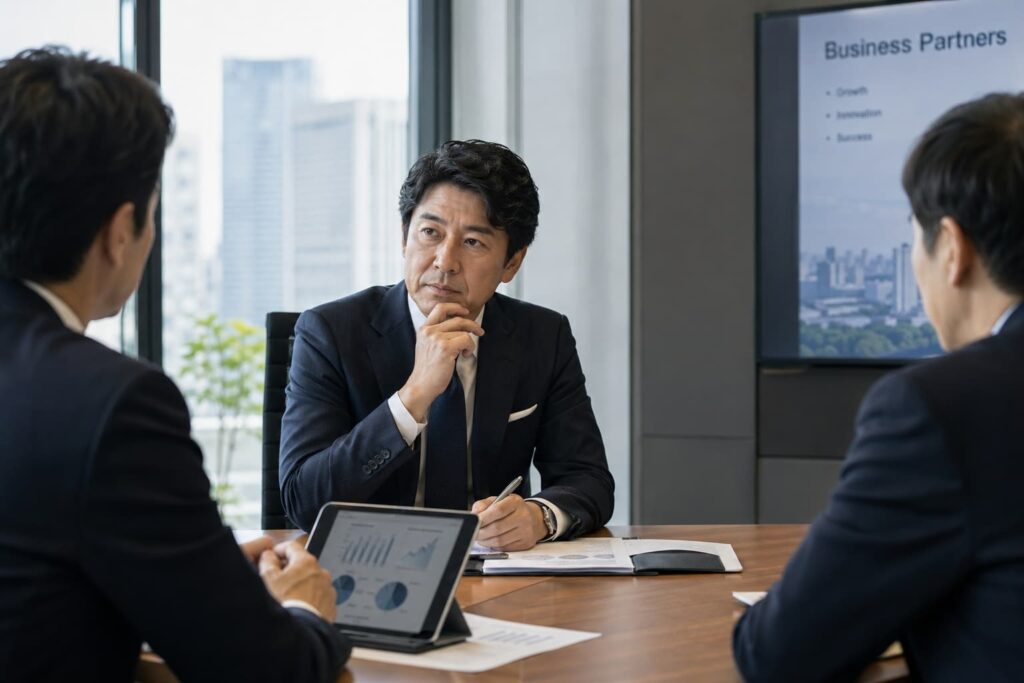 中小企業の経営者が、AI 広告運用を任せる代理店を慎重に見極めているシーン