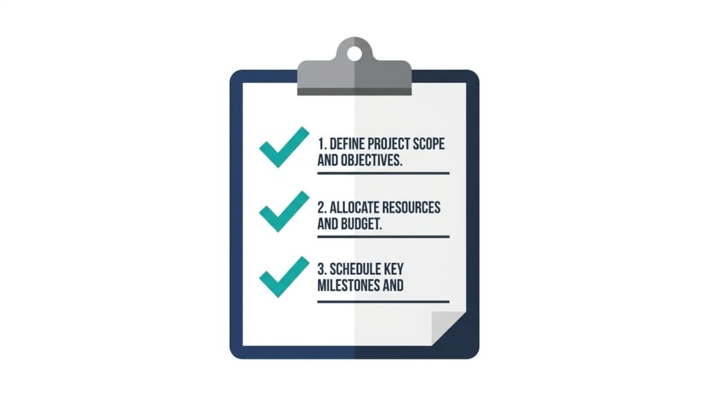 チェックマーク付きクリップボードにLP制作の3つのポイントが並ぶイメージ