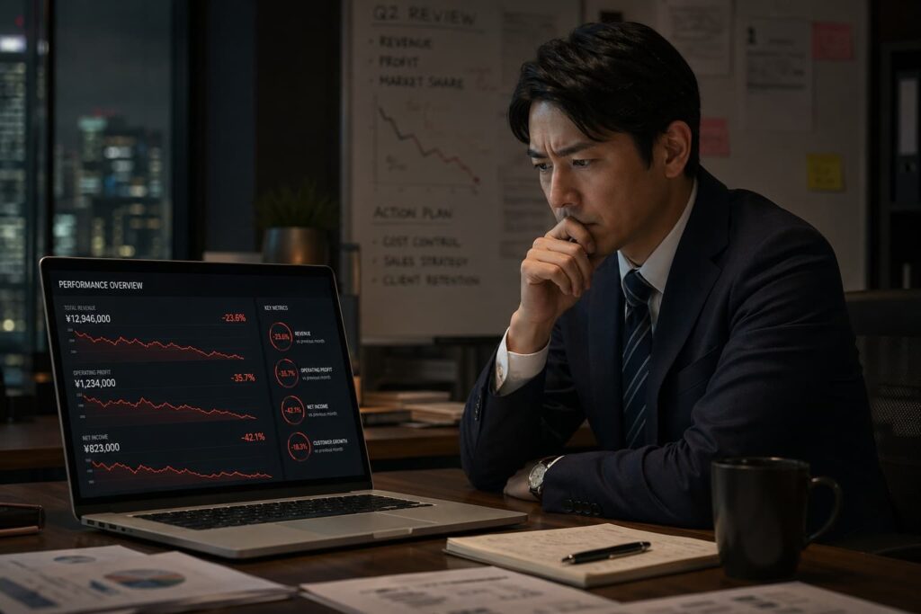 AI機能をONにしただけで広告の成果が伸びず、CPAが上昇している状況に困惑する経営者の様子