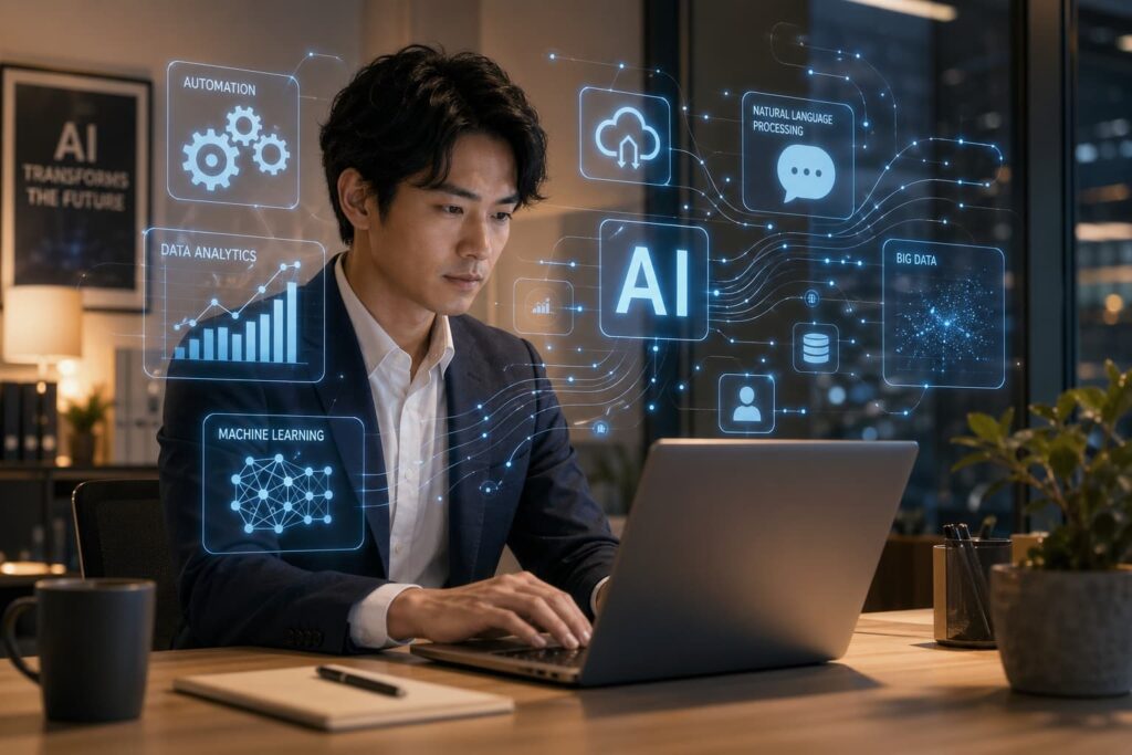 AIツールを活用しながら広告運用に取り組むビジネスパーソンの様子。AIと人の協働を象徴している