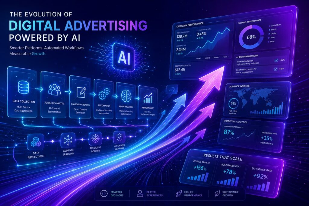 Meta広告のAdvantage+やGoogle広告のP-MAXなど、AIによる広告自動化機能の進化を示す抽象イメージ