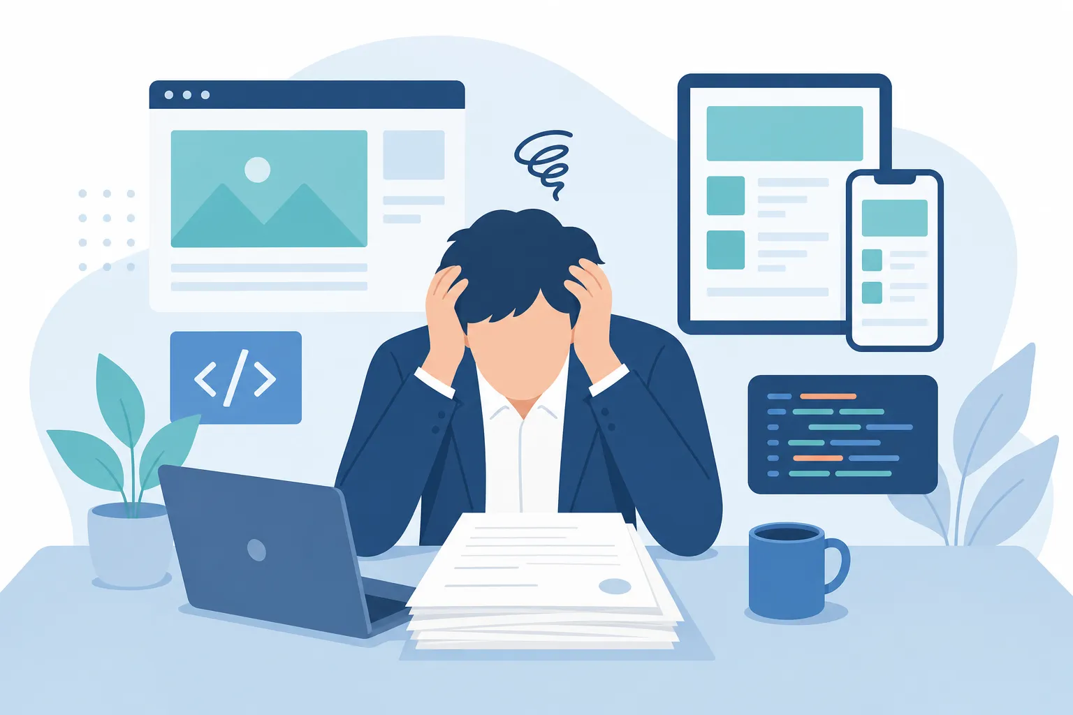 契約書を前に頭を抱えている経営者のイメージ
